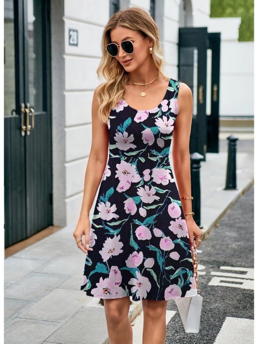Women's Flower Purple High Stylish for Women A line Sleeveless Wide Midi Dress - Picture 6 of 6